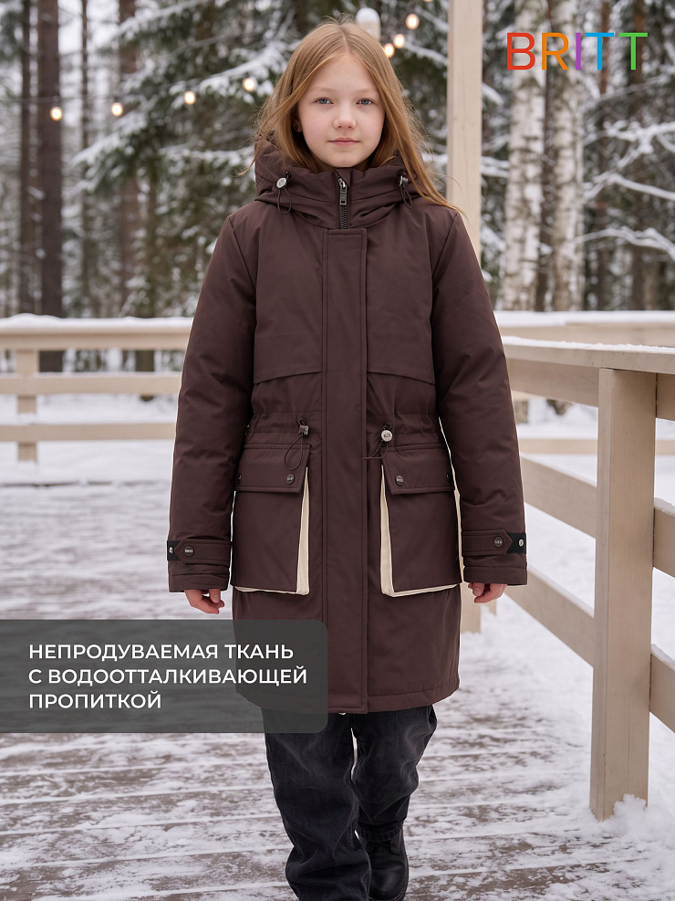 Куртка для девочки зимняя BRITT, коричнево-бежевая, модель 65346