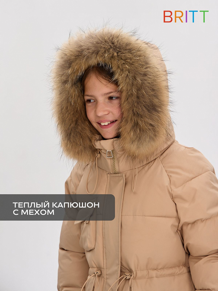 Пуховик для девочки зимний BRITT, песок, модель 65189