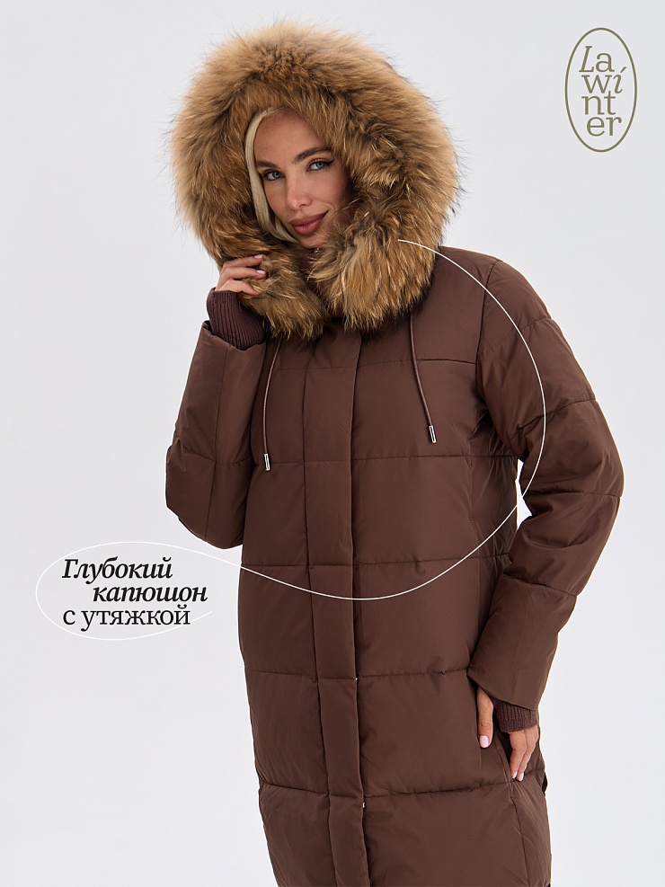 Пуховик женский зимний LAWINTER, коричневый, модель 83382