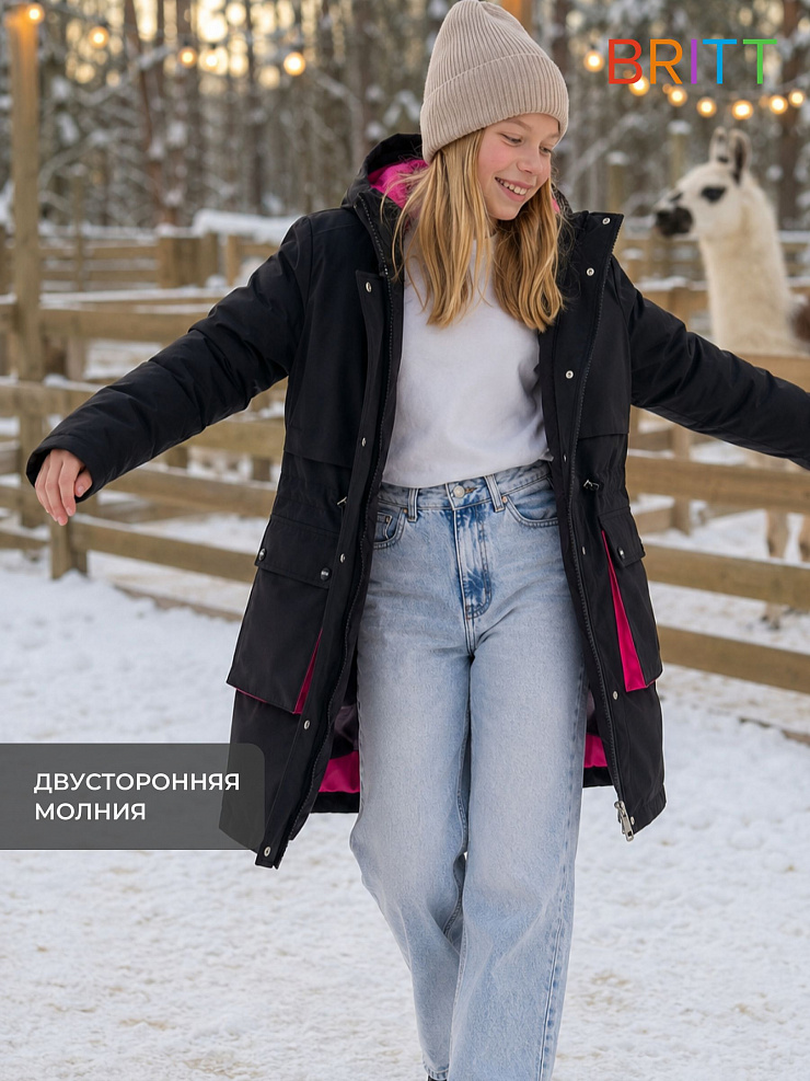 Куртка для девочки зимняя BRITT, черно-розовая, модель 65346