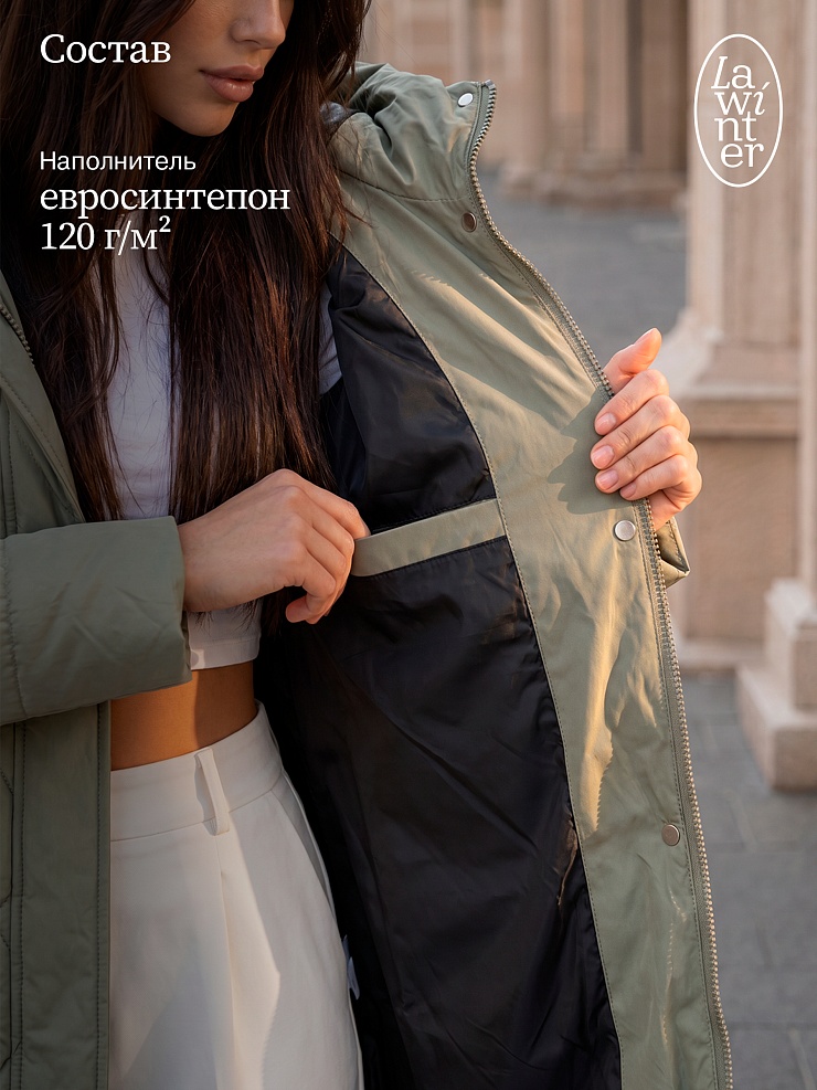 Пальто женское демисезонное LAWINTER, серый хаки, модель 83462