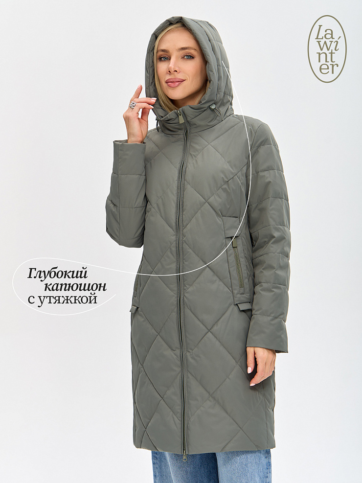 Пальто женское демисезонное LAWINTER, серый хаки, модель 8418