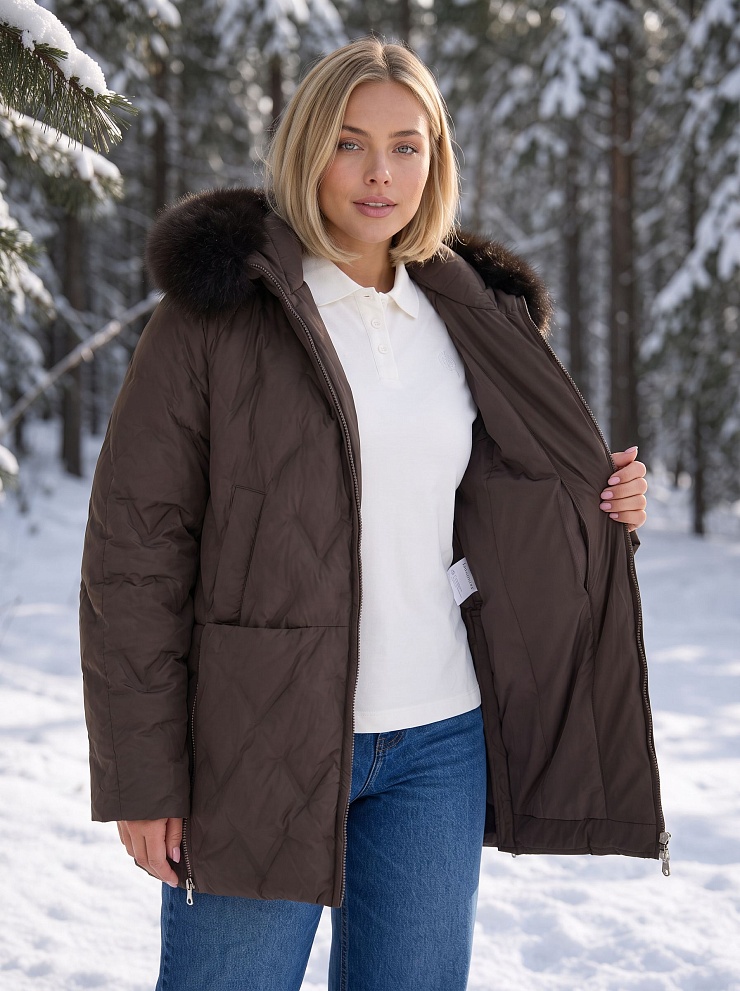 Пуховик женский зимний LAWINTER, коричневый, модель 86326