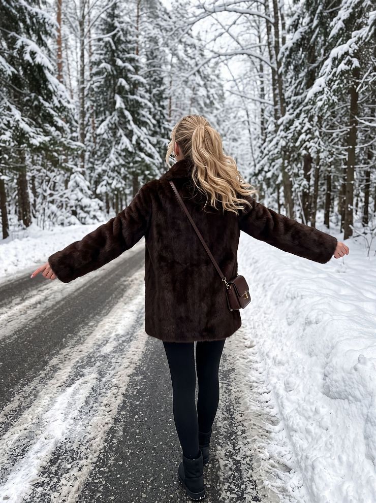 Шуба женская зимняя LAWINTER, коричневая, модель 56412