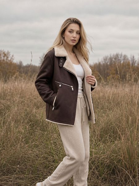 Дубленка женская зимняя LAWINTER, коричневая, модель 3588