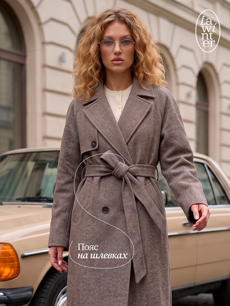 Пальто женское осеннее LAWINTER, коричневое, модель 84867
