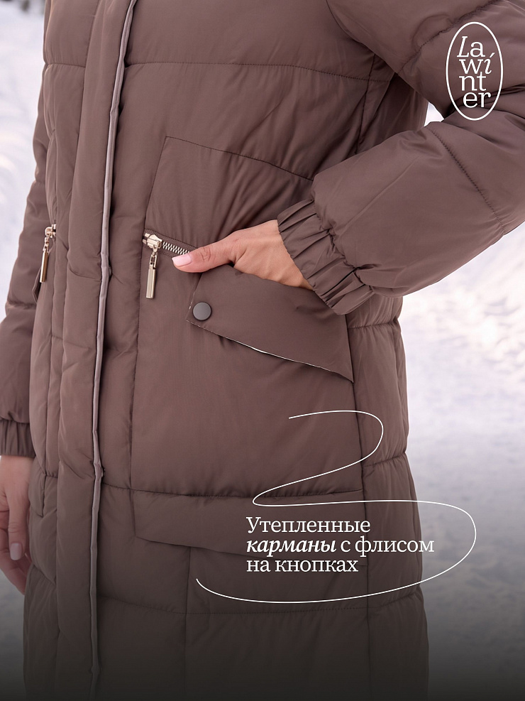 Пуховик женский зимний LAWINTER, коричневый, модель 86172