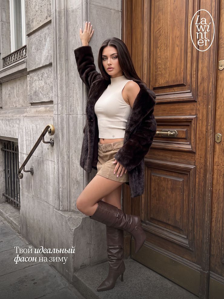 Шуба женская зимняя LAWINTER, коричневая, модель 56412