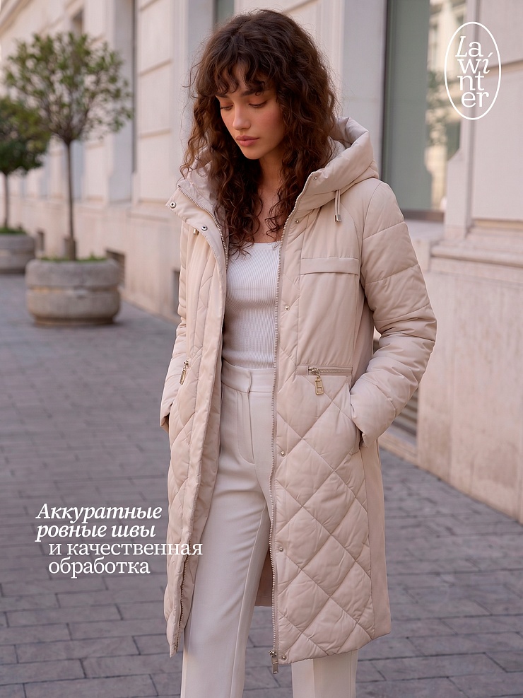 Пальто женское демисезонное LAWINTER, светло-бежевое, модель 83462