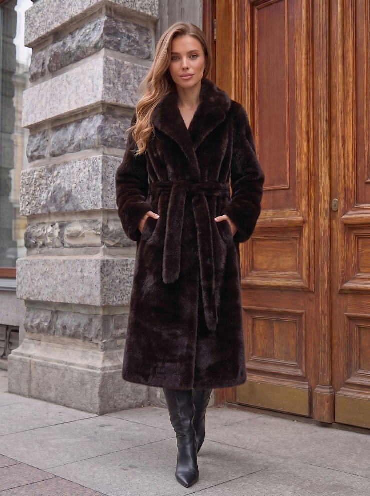 Шуба женская зимняя LAWINTER, темно-коричневая, модель 5391