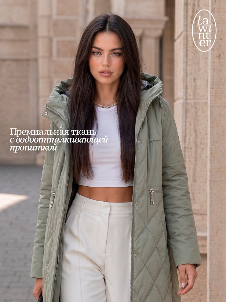 Пальто женское демисезонное LAWINTER, серый хаки, модель 83462