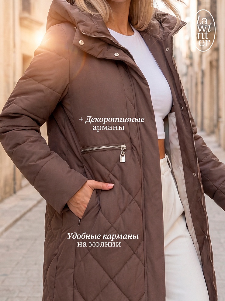 Пальто женское демисезонное LAWINTER, коричневое, модель 83462