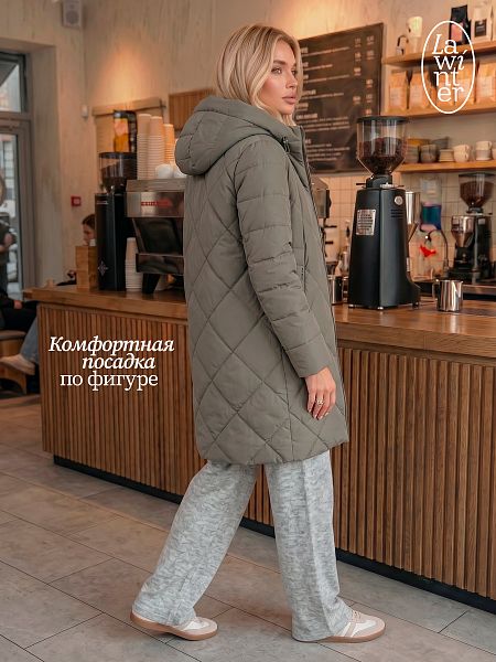 Пальто женское демисезонное LAWINTER, серый хаки, модель 8418