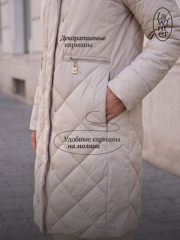 Пальто женское демисезонное LAWINTER, светло-бежевое, модель 83462