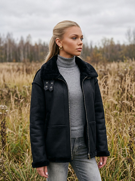 Дубленка женская зимняя LAWINTER, черный-черная, модель 34571