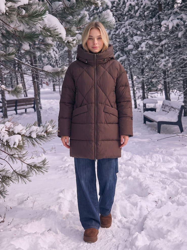 Пуховик женский зимний LAWINTER, коричневый, модель 86968