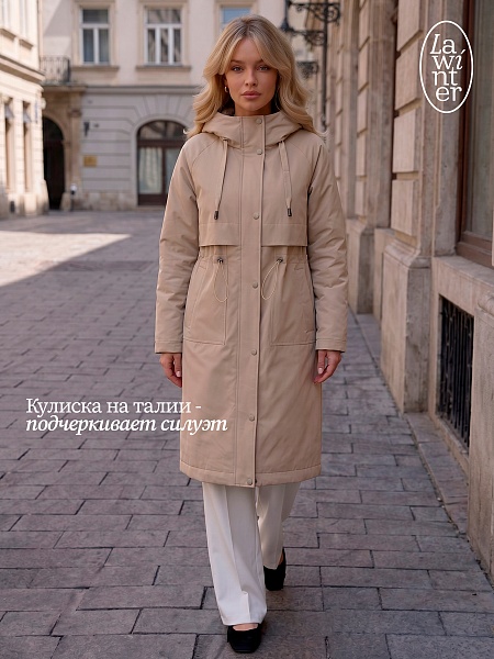 Пальто женское демисезонное LAWINTER, бежевое, модель 83155