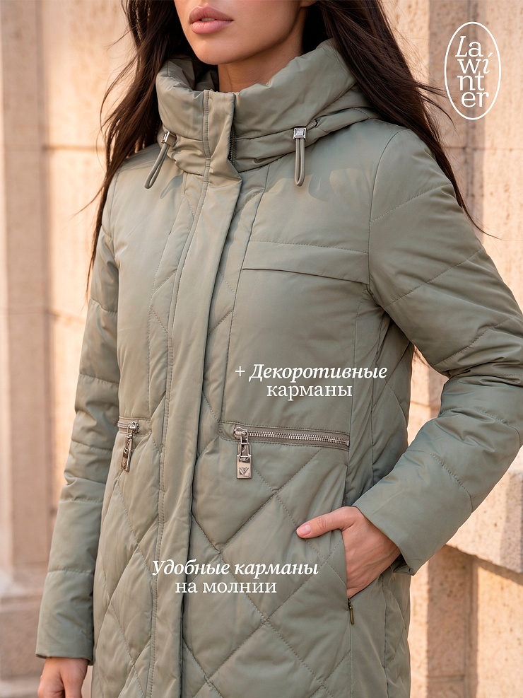 Пальто женское демисезонное LAWINTER, серый хаки, модель 83462
