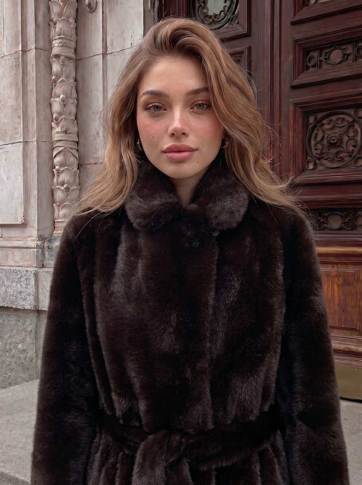Шуба женская зимняя LAWINTER, темно-коричневая, модель 56229