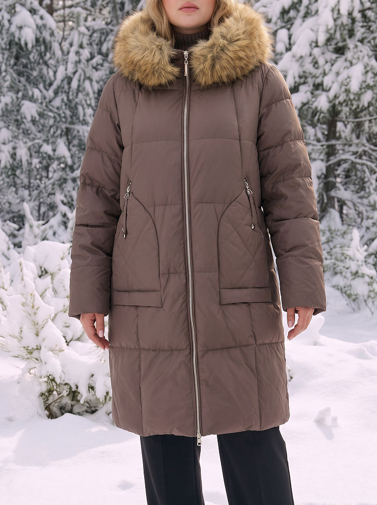 Пуховик женский зимний LAWINTER, коричневый, модель 86389