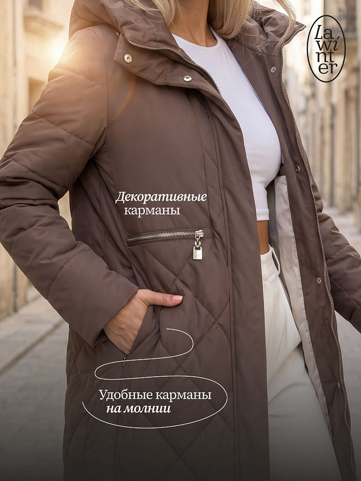 Пальто женское демисезонное LAWINTER, коричневое, модель 83462