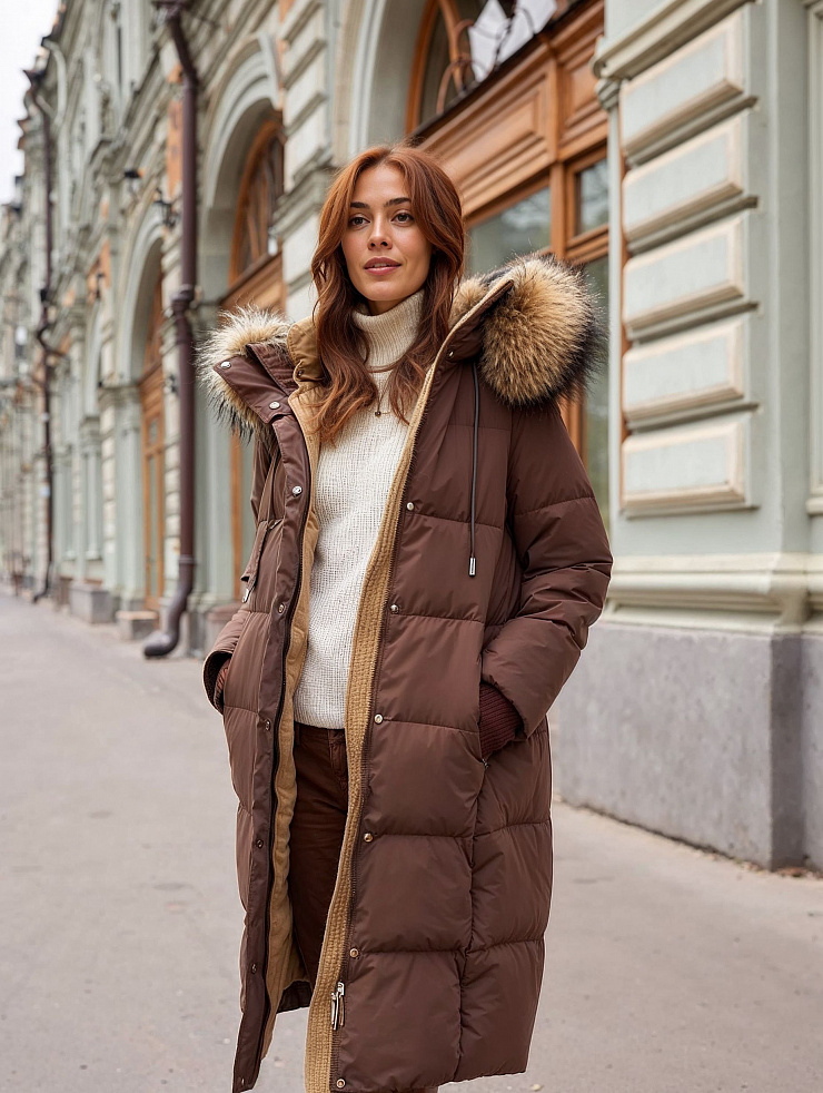 Пуховик женский зимний LAWINTER, коричневый, модель 83382