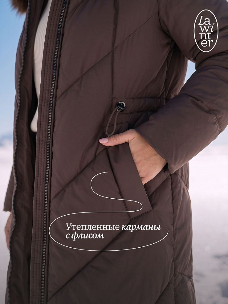 Пуховик женский зимний LAWINTER, коричневый, модель 86434