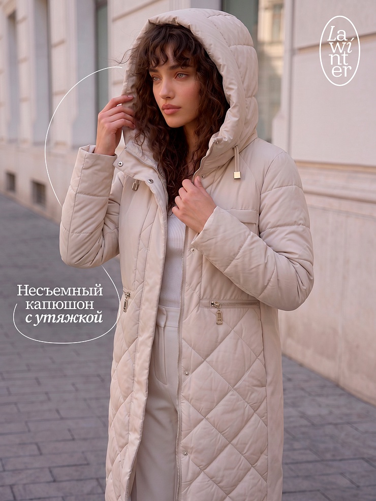 Пальто женское демисезонное LAWINTER, светло-бежевое, модель 83462