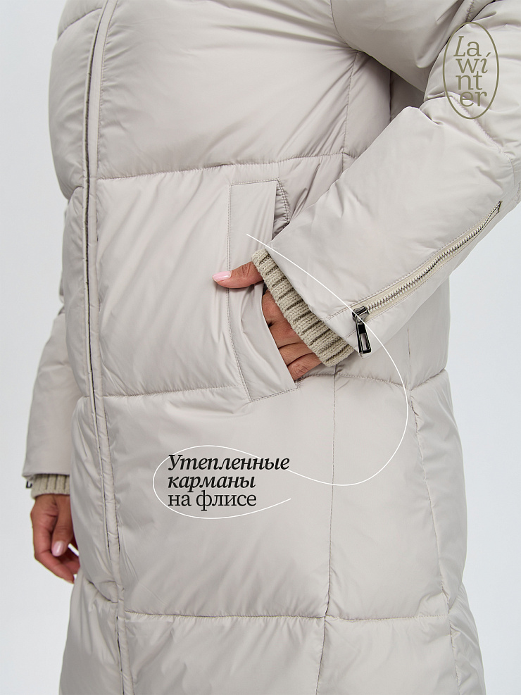 Пуховик женский зимний LAWINTER, серо-бежевый, модель 85789