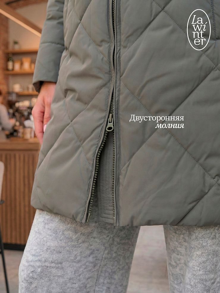 Пальто женское демисезонное LAWINTER, серый хаки, модель 8418