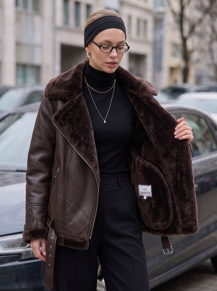 Дубленка женская демисезонная LAWINTER, коричневая, модель 34626