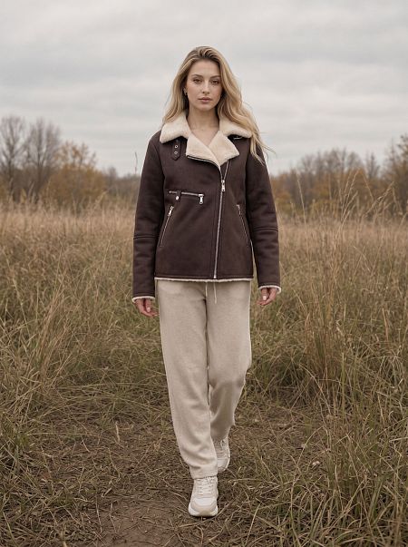 Дубленка женская зимняя LAWINTER, коричневая, модель 3588