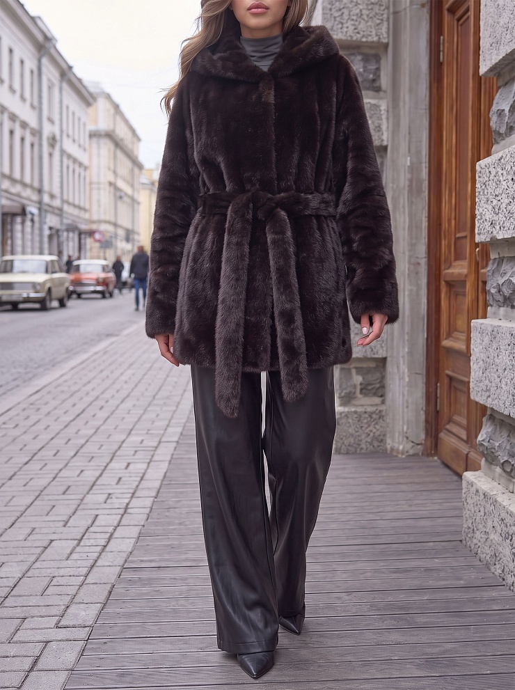 Шуба женская зимняя LAWINTER, темно-коричневая, модель 54262
