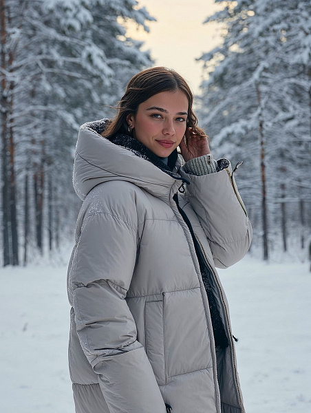 Пуховик женский зимний LAWINTER, серо-бежевый, модель 85789