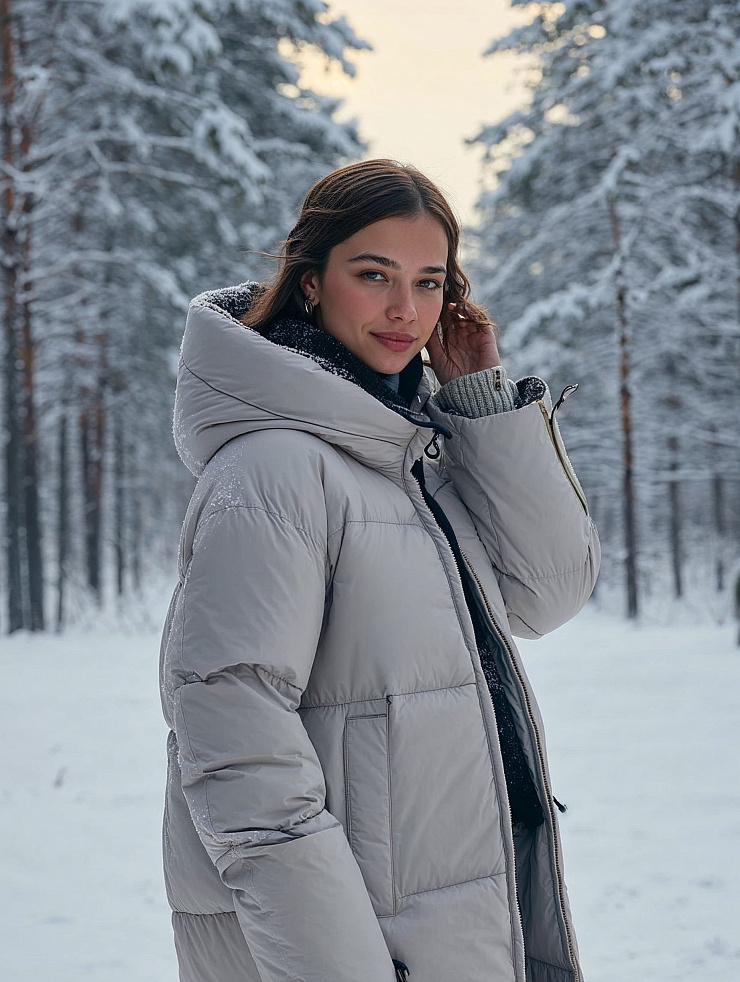 Пуховик женский зимний LAWINTER, серо-бежевый, модель 85789
