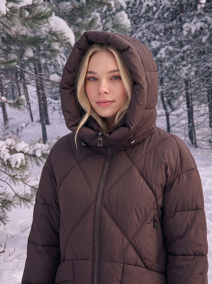 Пуховик женский зимний LAWINTER, коричневый, модель 86968