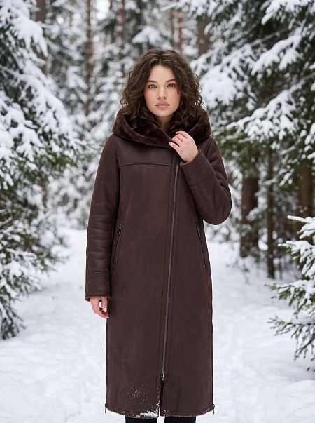 Дубленка женская зимняя LAWINTER, коричневая, модель 36910